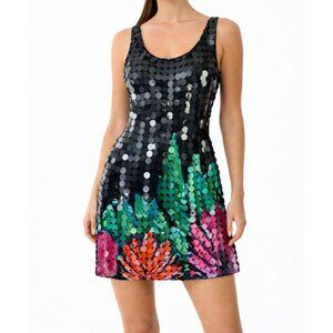 Theia Sequin Floral Mini Dress Size 4 Black Multicolor Statement Cocktail Party